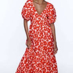 Zara Puff Sleeve poplin maxi dress red floral XXL
